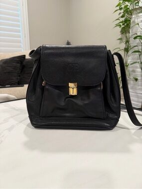Vintage Black Genuine Leather Crossbody with Gold Push-Lock